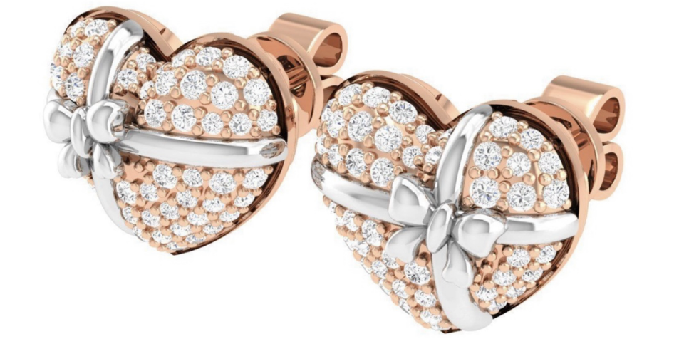 The Devotion Earring — Heart Silhouette in Rose Gold with White Gold Bow & VVS Diamonds